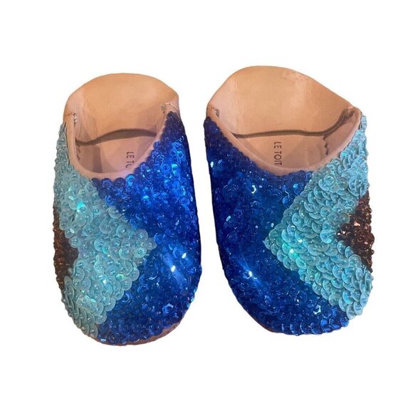 Le Toit de La Lune Handmade Leather Slippers Girls Size 8 Sequins Blue - Picture 1 of 10